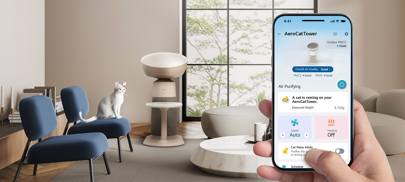 Cat in living room with LG ThinQ app AeroCatTower screen displayed