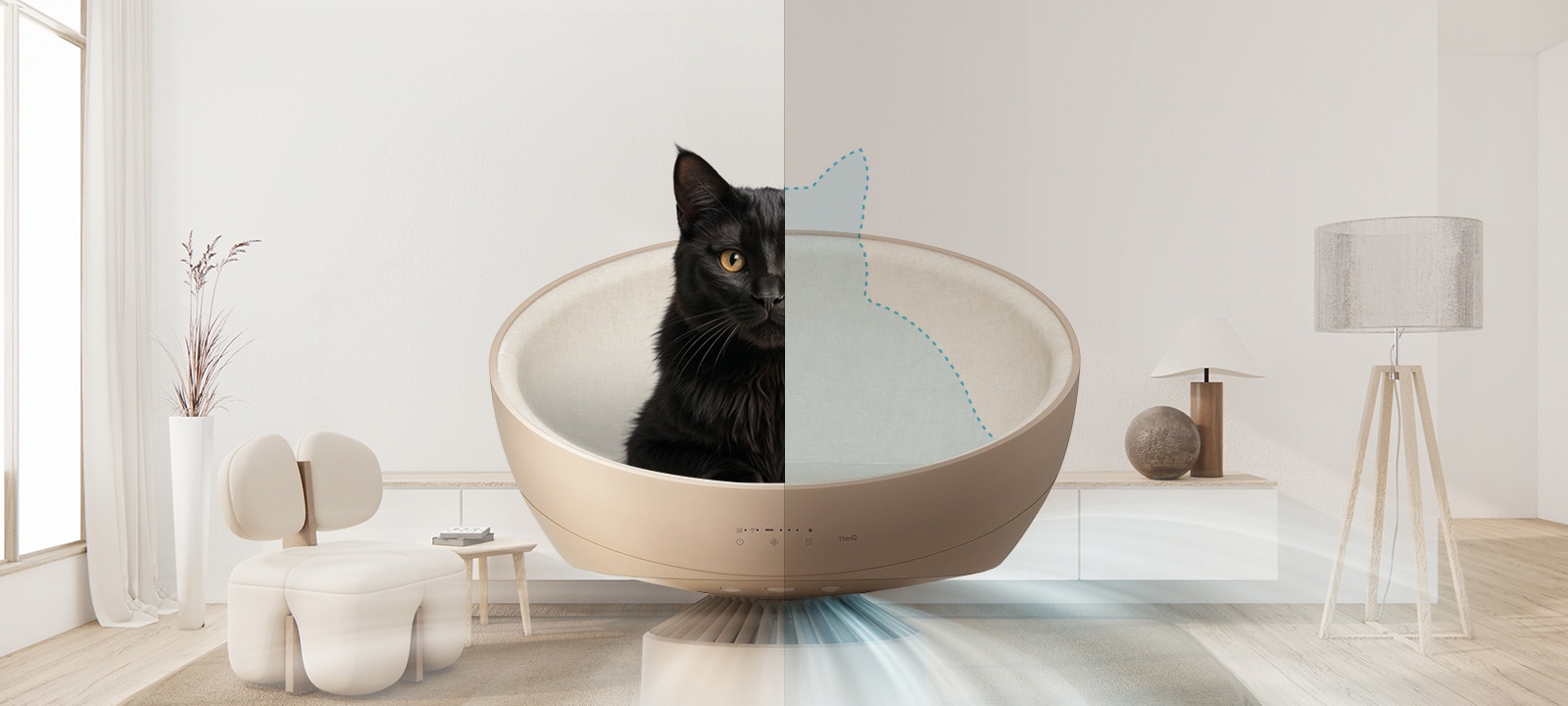 Split-screen showing weak airflow with cat and strong airflow without