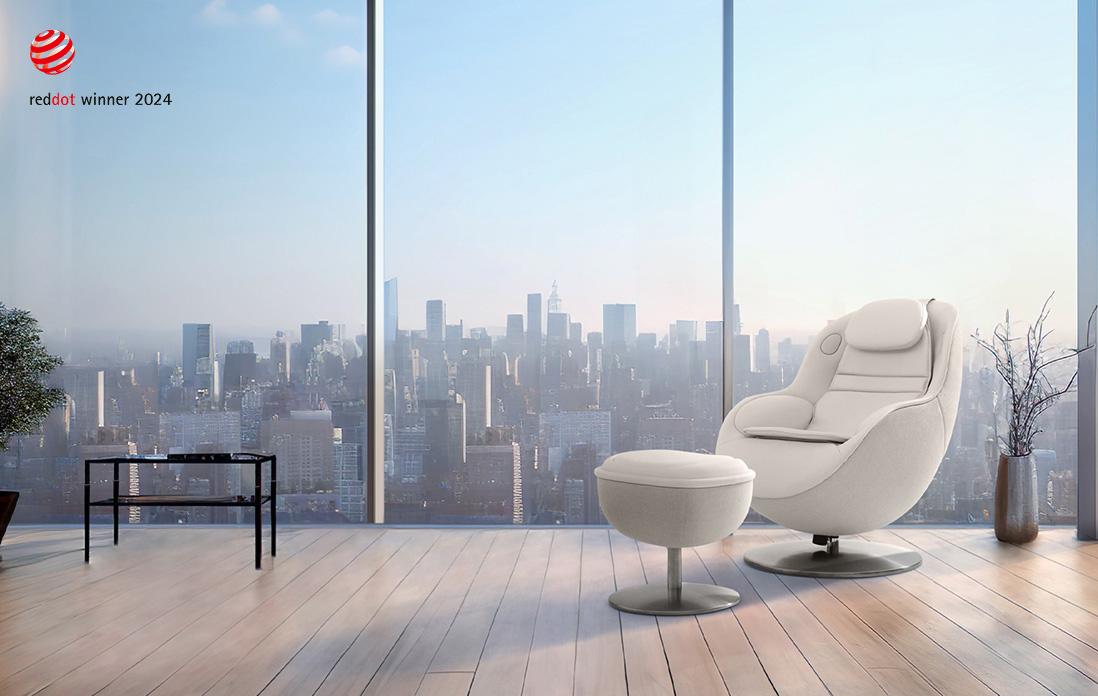 Massage recliner beside floor-to-ceiling window.