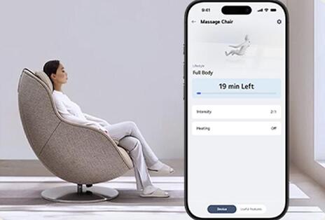 LG ThinQ smart convenience screen beside massage recliner.