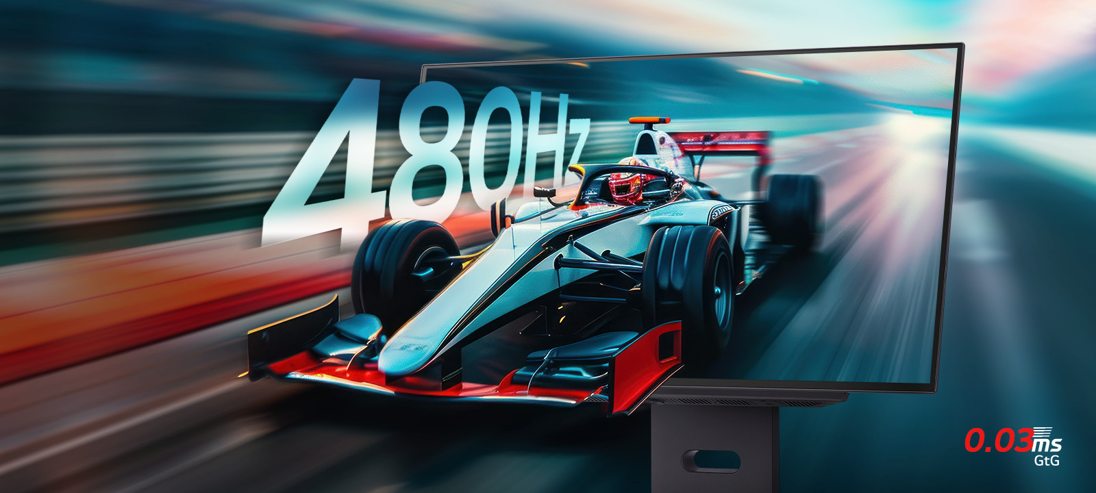 Racing game scene of extremely fast 0.03ms (GtG) response and a rapid 480Hz refresh rate