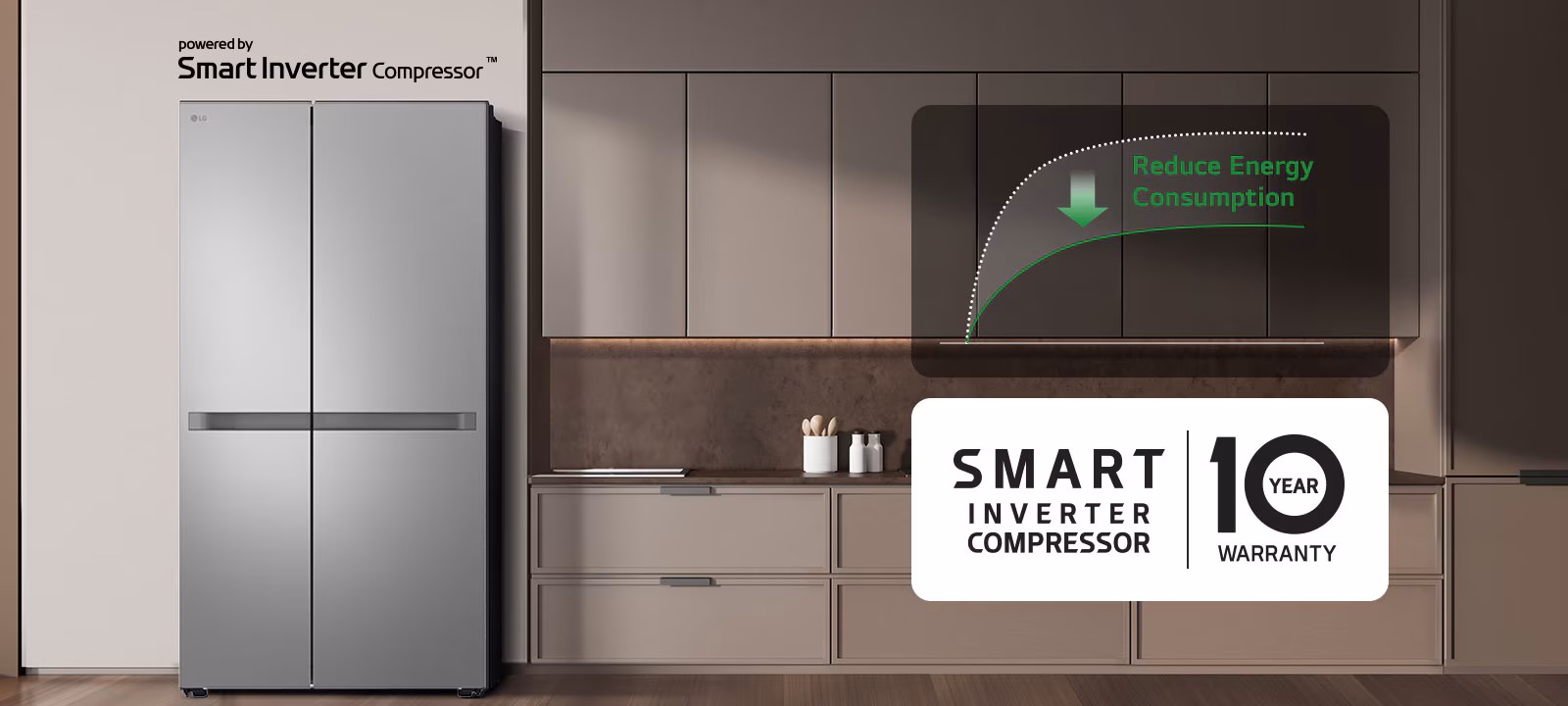 GC-B257KLJR Smart Inverter Compressor illustration with its 10-year compressor warranty badge