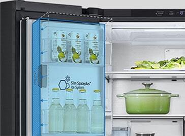 Inside the refrigerator, a slim indoor ice maker is highlighted in blue.