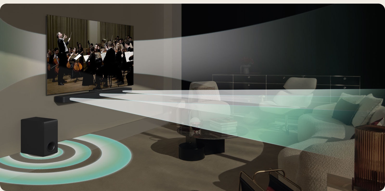LG TV, S60TR soundbar, and rear speakers playing together with virtual sound effects.