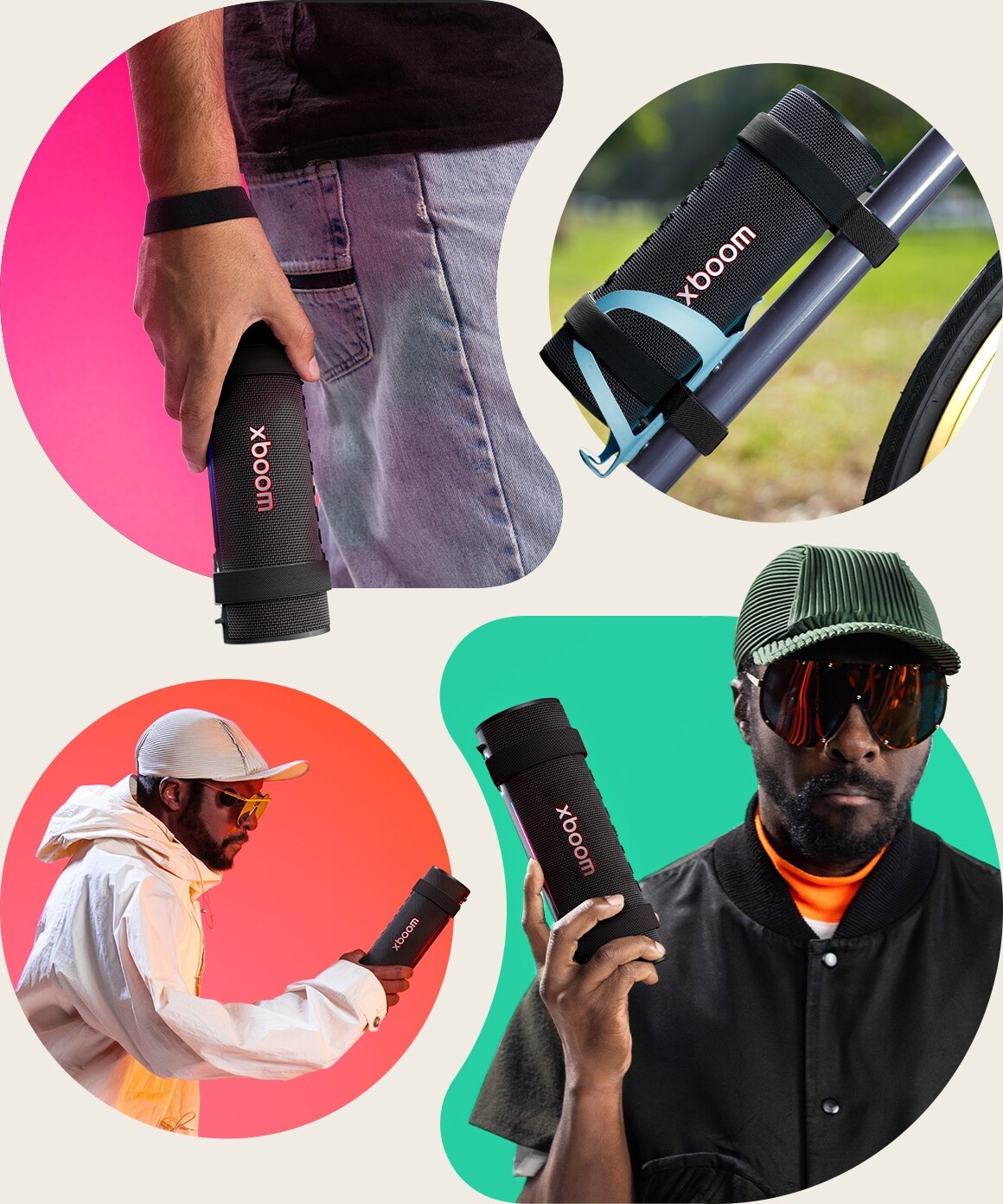 Multiple views of xboom Grab with strap usage